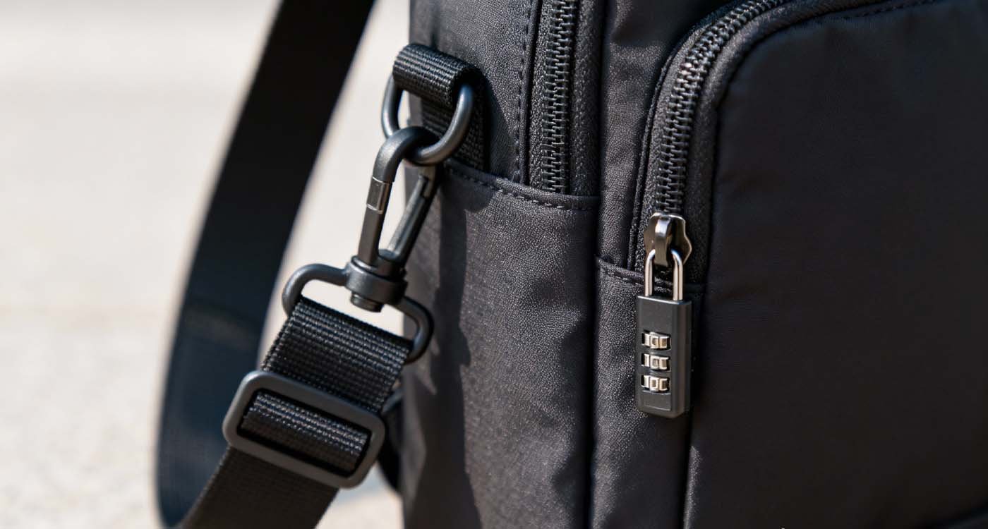 Close-up of lockable zippers and reinforced strap on an anti-theft crossbody travel bag.