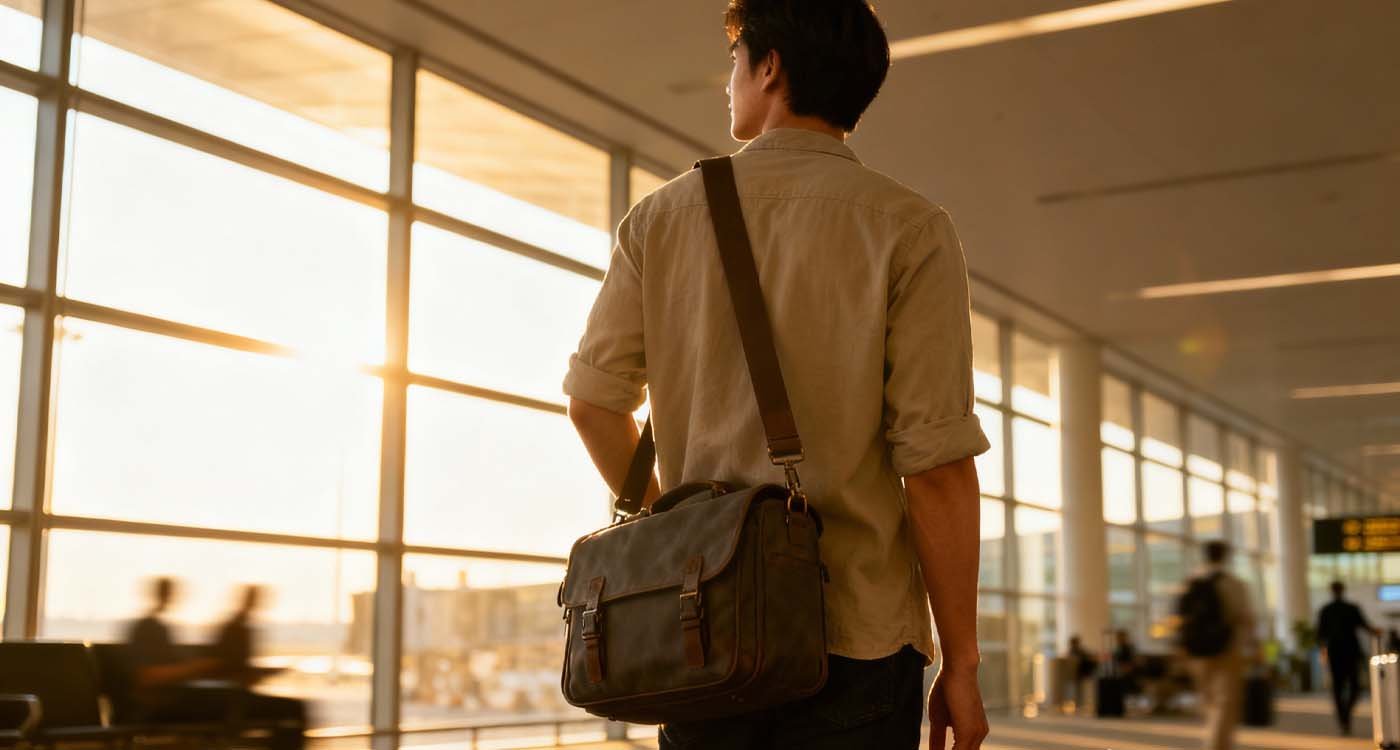 Traveler in airport terminal wearing a crossbody bag.