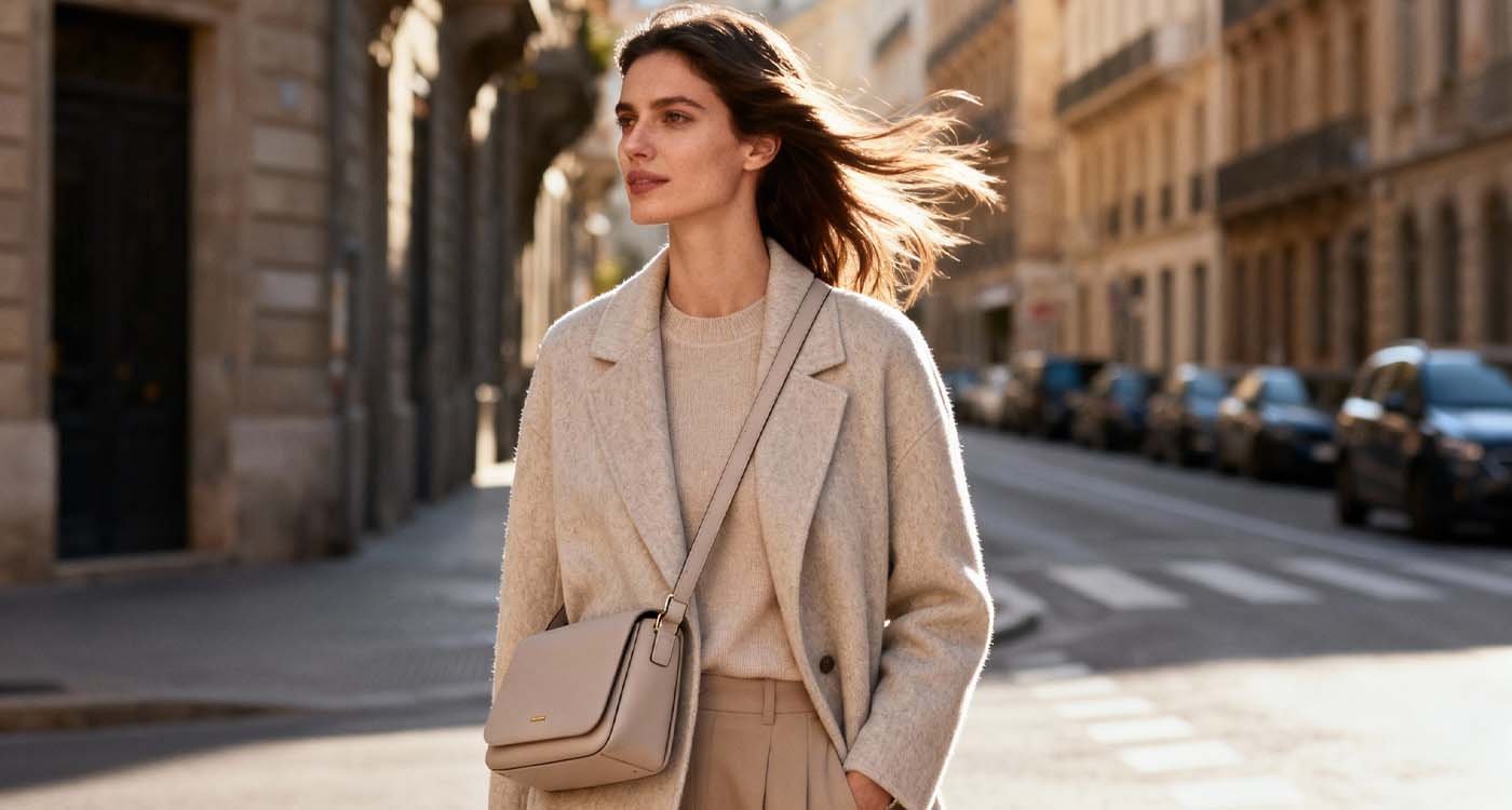Woman wearing a minimalist crossbody travel bag in a city setting.