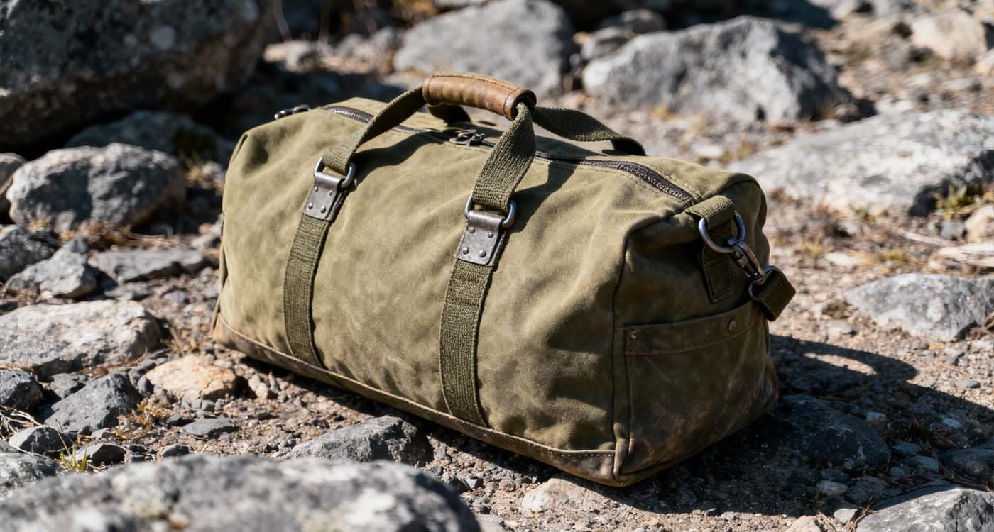 canvas mens duffle bag on rocky outdoor terrain with natural sunlight