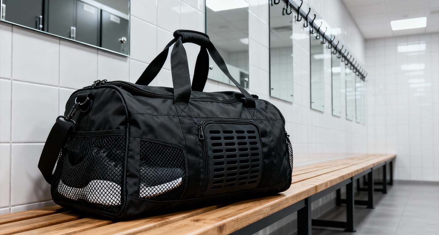 mens gym duffle bag on bench in athletic locker room