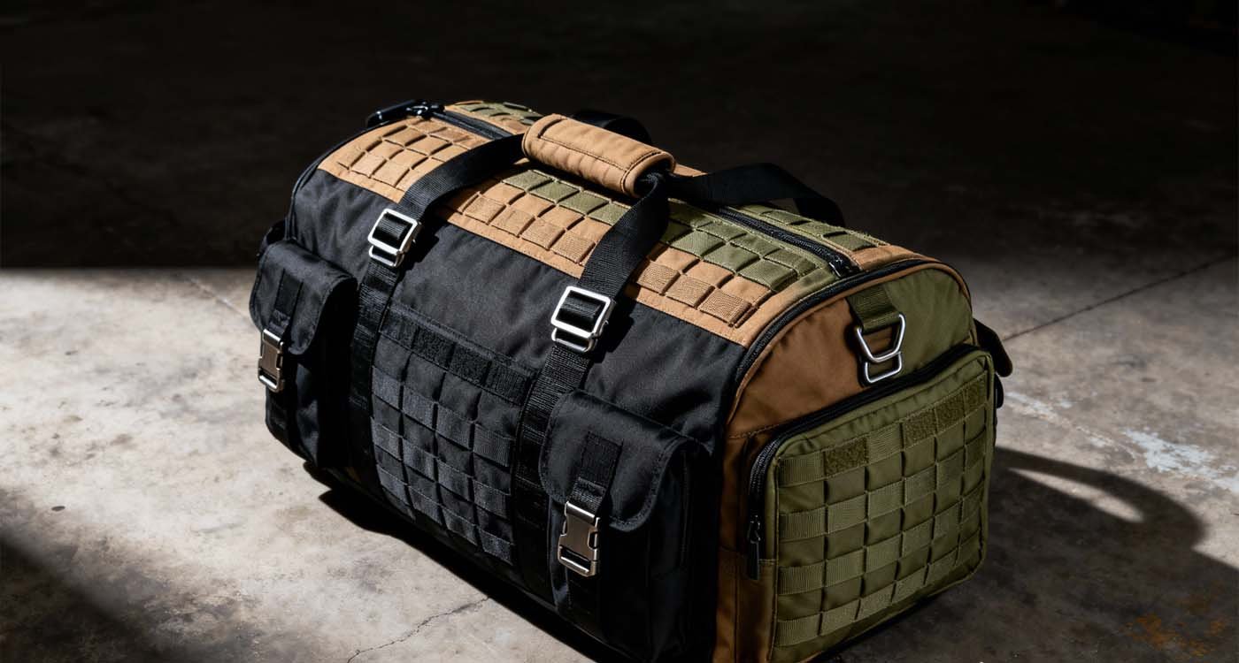 tactical mens duffle bag with MOLLE webbing on concrete background