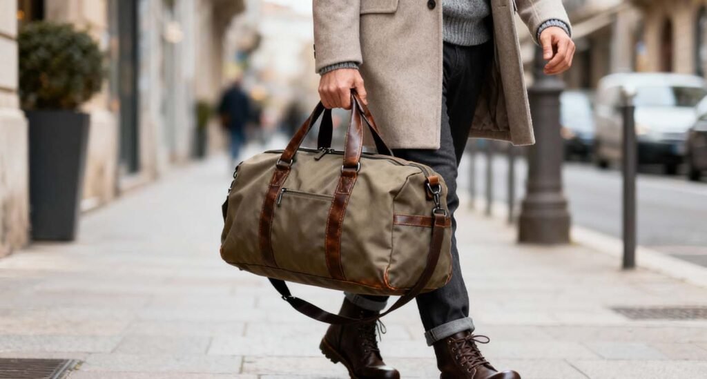 The Complete Mens Duffle Bag Guide: Finding Your Essential Carry Companion - laptop bag man walking in city street carrying mens duffle bag