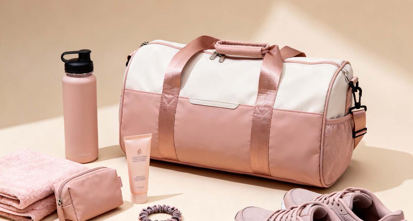 women’s gym bag displayed with organized workout essentials in a clean studio setting