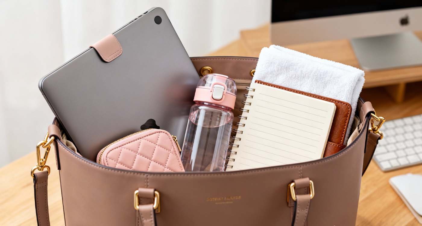 gym tote bag for women showing organized work and workout essentials