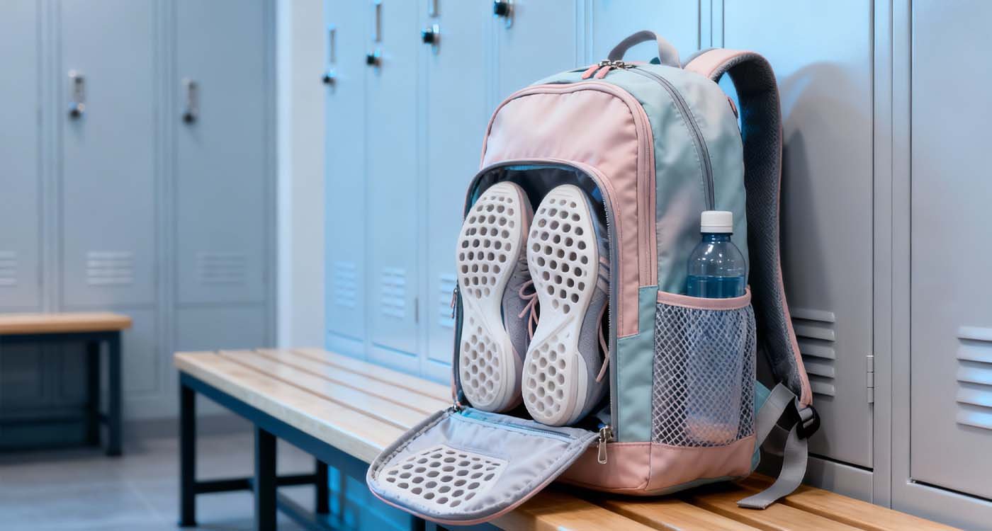 women’s gym backpack on locker room bench showing multiple compartments
