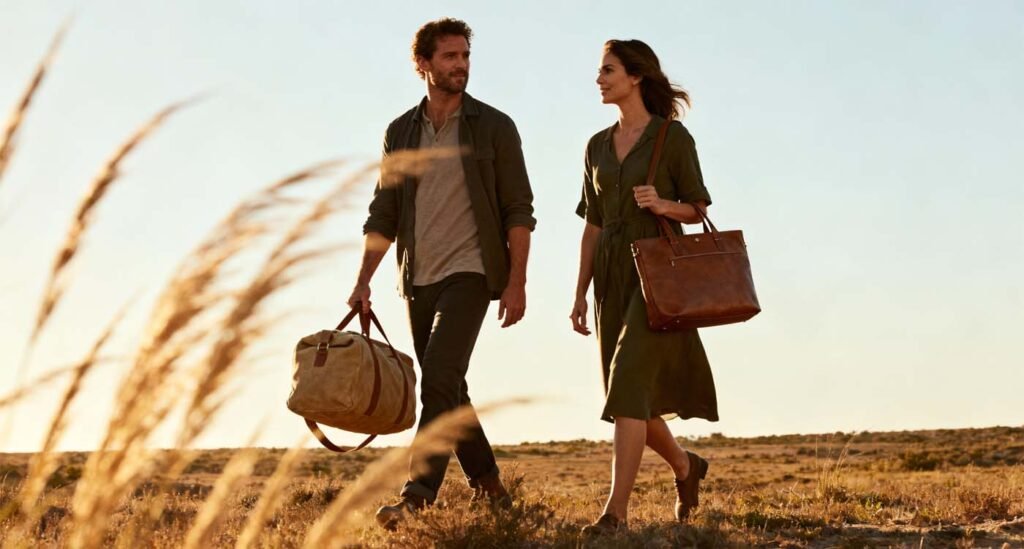 The Complete Guide to Shop Weekend Travel Bag: Finding Your Perfect Getaway Companion - laptop bag Couple walking through nature carrying weekend travel bags during golden hour.