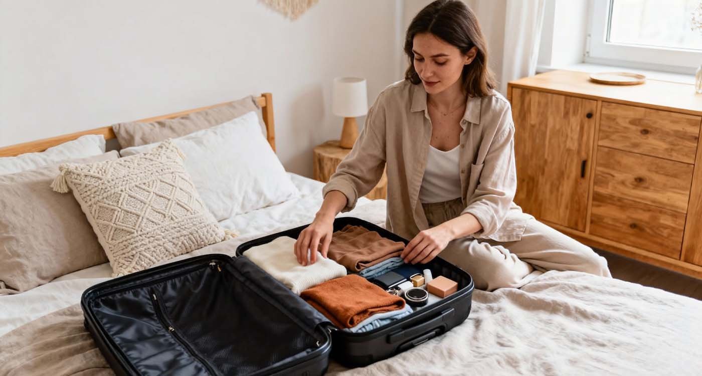 Woman packing clothes into a weekend travel bag in a bright minimalist bedroom.
