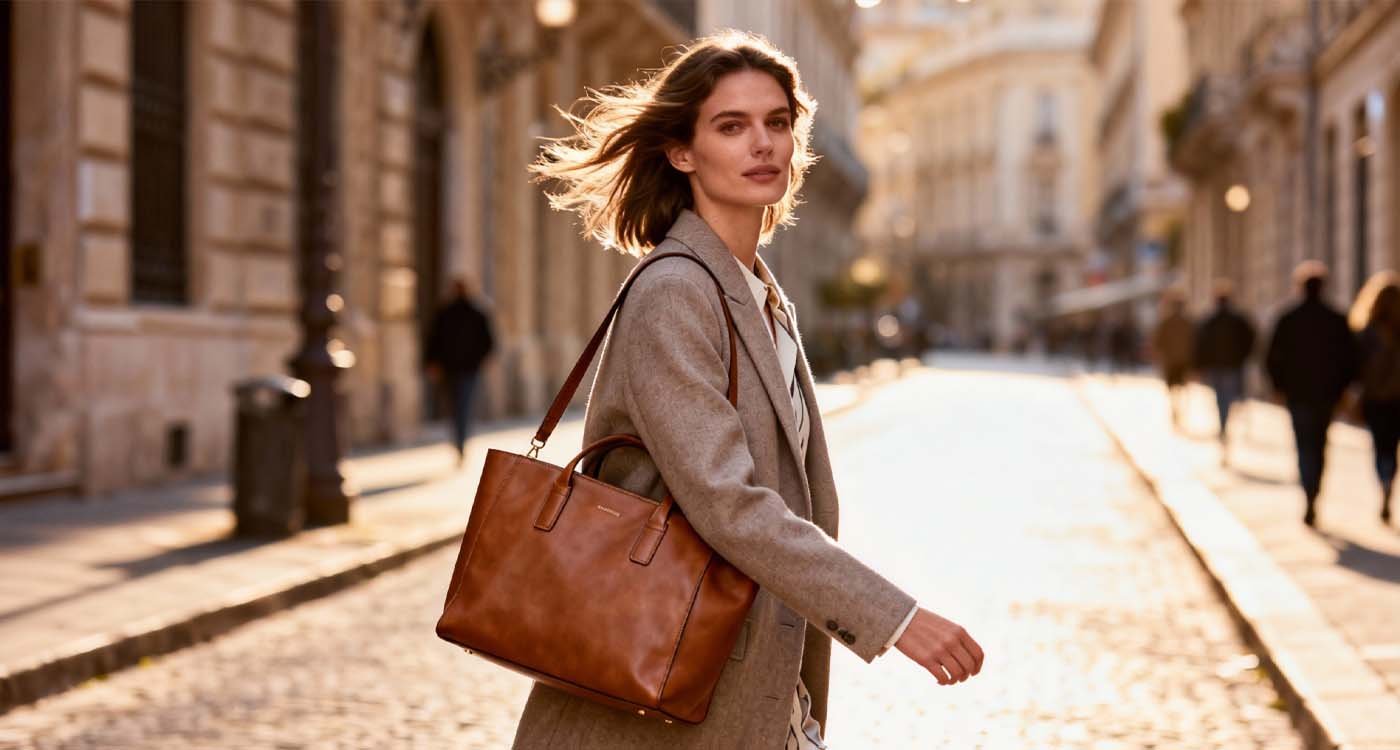 Fashionable woman walking through the city with a leather weekend tote bag.