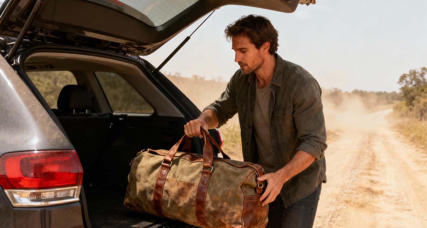 Man placing a duffel weekend travel bag into the trunk of a car.