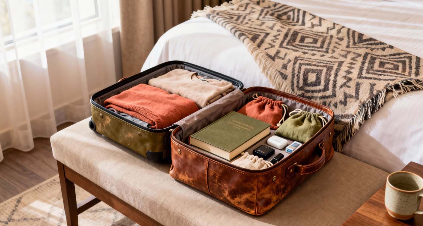 Open weekend travel bag with neatly arranged travel essentials in a cozy hotel room.