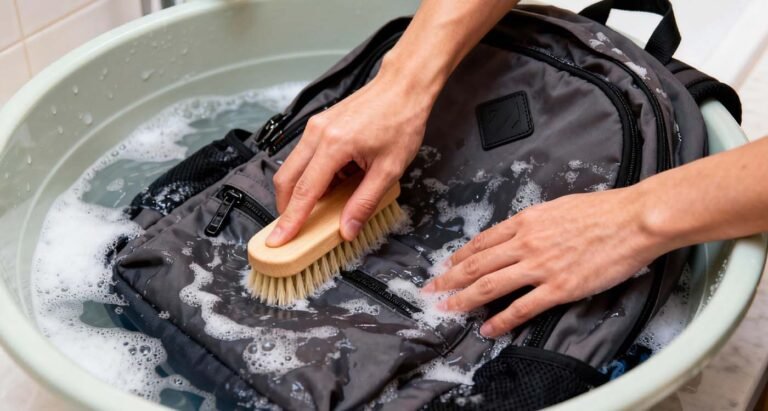 How to Clean a Backpack: Keep Your Bag Fresh and Long-Lasting - laptop bag Hands cleaning a backpack in a basin with mild detergent and water.