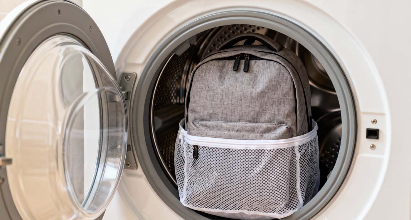 Backpack placed in a mesh laundry bag before loading into washing machine.