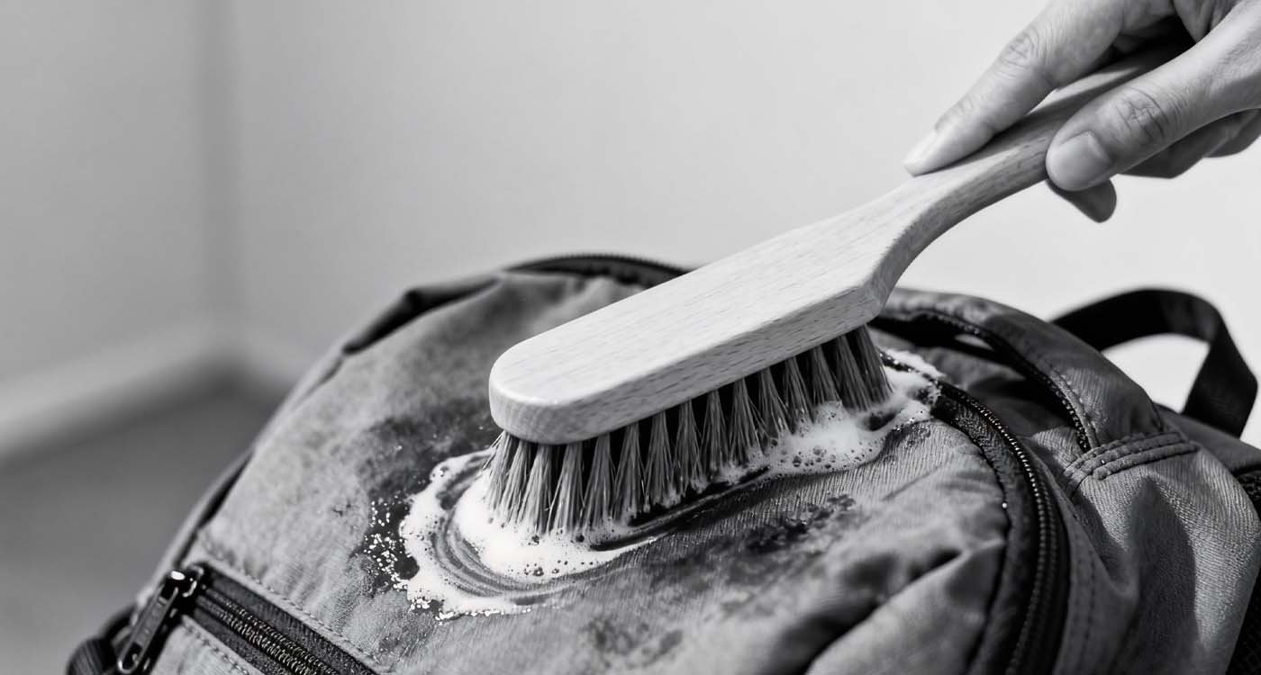 Person using a soft brush and mild soap to spot clean a backpack.