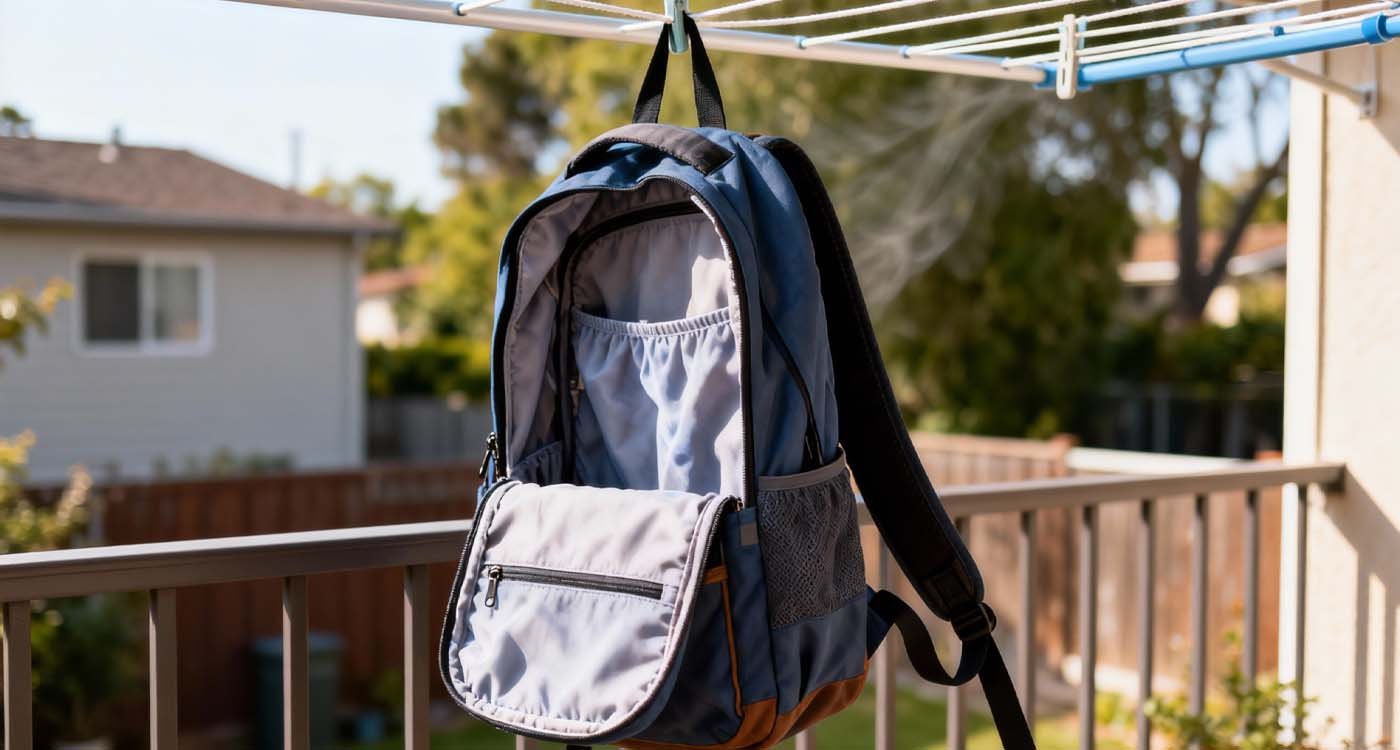 Freshly washed backpack hanging upside down to air dry outdoors.