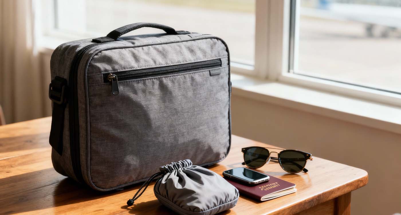 Foldable travel bag stored in a small pouch beside travel essentials on a wooden table.