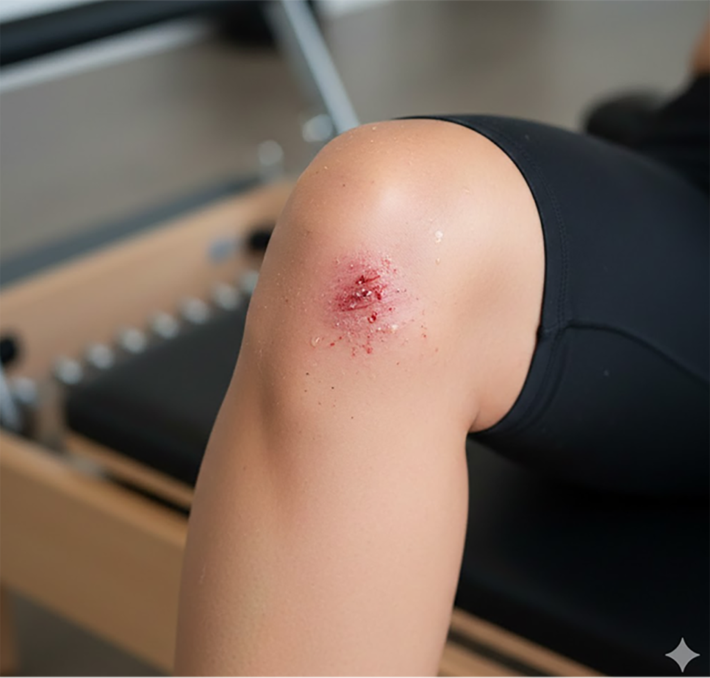 Close-up of a scraped knee injury caused by slipping during a high-intensity studio workout.